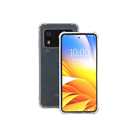 Zwei Smartphones mit Schutzhüllen. Das vordere zeigt die Uhrzeit 10:00 Uhr, das hintere die Rückseite.