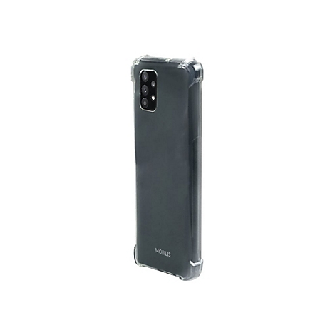 Transparentes Mobilis Schutzcase an einem schwarzen Smartphone auf weißem Hintergrund.