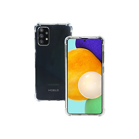 Ein schwarzes Samsung Smartphone mit einer transparenten Schutzhülle auf weißem Hintergrund.