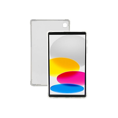 Tablet mit Hülle, auf weissem Hintergrund. Farben auf dem Bildschirm: Gelb, Pink, Blau.