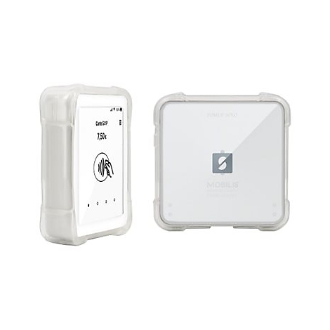 Zwei weiße Kartenlesegeräte mit transparenten Schutzhüllen. Auf dem Display des einen Geräts wird ein Betrag von 7,50 € und ein Bezahl-Symbol angezeigt.