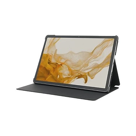 Schwarzes Tablet in Schutzhülle, aufgestellt. Auf dem Bildschirm ist eine gelb-braune, abstrakte Form abgebildet.