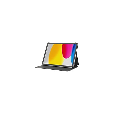 Graues Tablet mit Hülle, Display mit gelb-pinkem Farbverlauf, aufgestellt.
