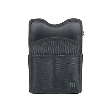 Schwarze Handytasche mit offener Oberseite. Auf der Vorderseite das kleine grüne Logo 'm'.