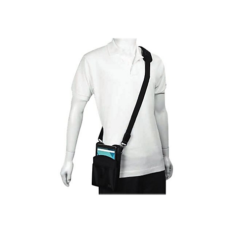 Un sac à bandoulière noir avec une tablette sur un mannequin. La bandoulière est noire.