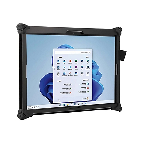 Schwarzes Tablet mit Schutzhülle. Auf dem Bildschirm ist ein Windows-Desktop mit App-Symbolen und Suchleiste zu sehen.