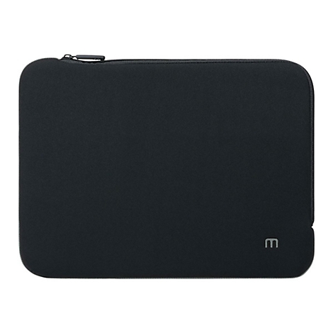 Schwarze Laptophülle mit Reißverschluss und kleinem Markenlogo in der unteren rechten Ecke.