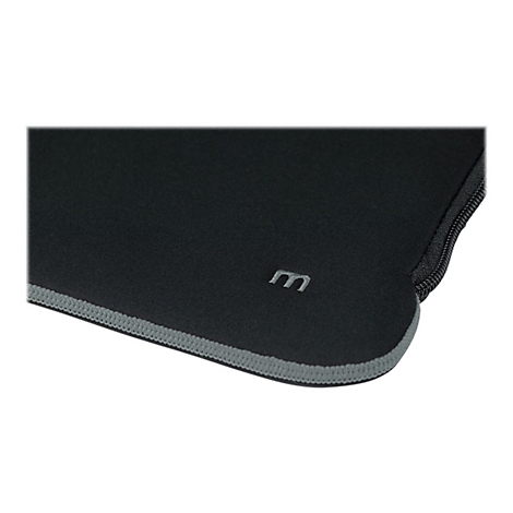 Detailansicht einer schwarzen Laptoptasche aus Stoff mit grauem Rand und dem Logo m.