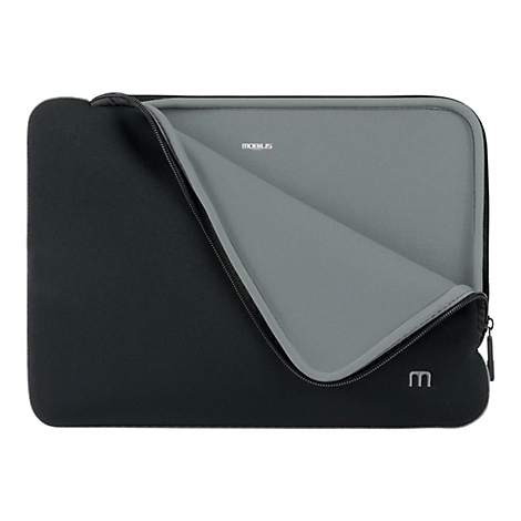 Schwarze Laptoptasche mit Reißverschluss, offen. Innen grau, außen schwarz, mit Logo.