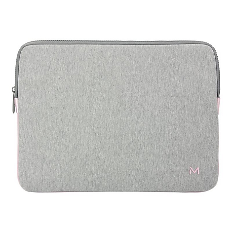 Hellgraue Laptoptasche mit Textilstruktur, grauem Reißverschluss und dezenten rosa Akzenten, vor weißem Hintergrund.