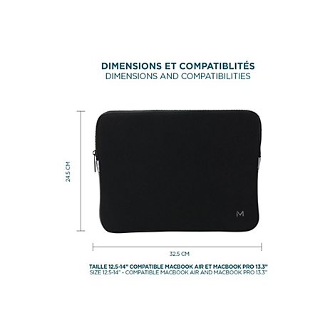 Schwarze Laptoptasche mit Maßangaben von 32,5 cm mal 24,5 cm, kompatibel mit 12,5-14 Zoll Geräten.