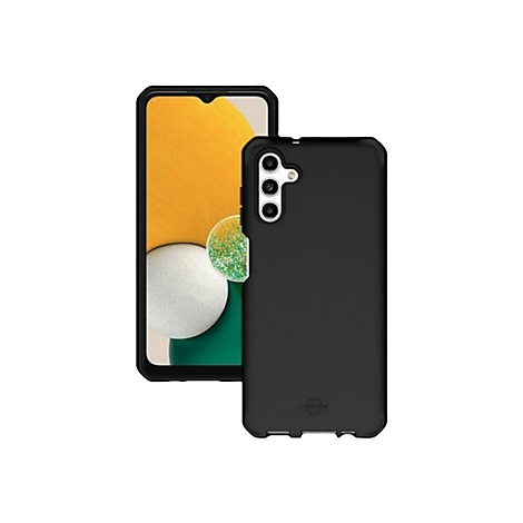 Ein schwarzes Smartphone mit einer schwarzen Schutzhülle, vor weißem Hintergrund. Die Hülle liegt neben dem Handy.