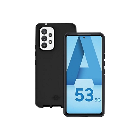 Schwarzes Smartphone mit Schutzhülle. Das Display zeigt ein blaues 'A' und die Zahlen 53 mit '5G'.