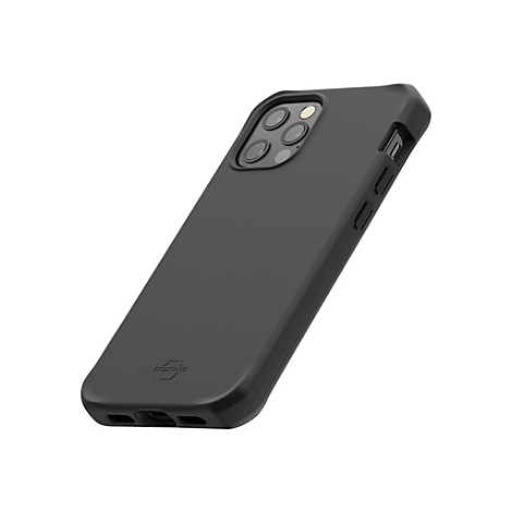 Schwarze, matte Schutzhülle für ein Smartphone mit Aussparungen für die Kamera und seitliche Tasten.