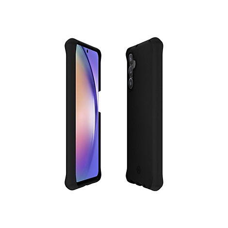 Ein schwarzes Smartphone mit Hülle, links das Display, rechts die Rückseite. Kamera und Logo erkennbar.