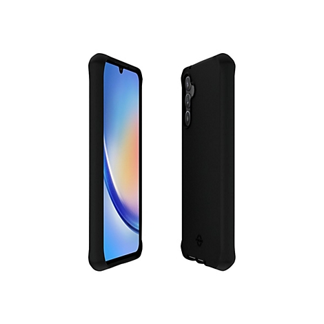 Zwei schwarze Smartphone-Hüllen, eine zeigt die Vorderseite des Telefons mit Bildschirm, die andere die Rückseite mit Kameras.