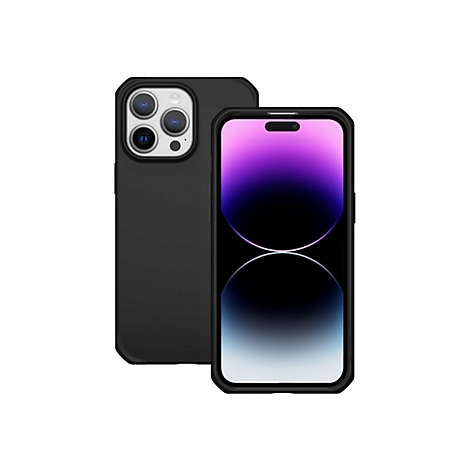 Zwei schwarze iPhones, eines mit Display, das andere mit Rückseite nach oben. Beide haben Hüllen.
