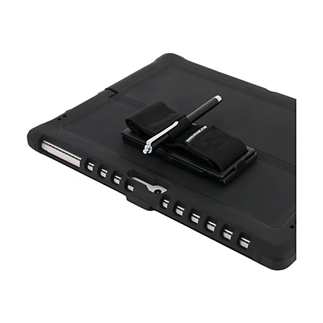 Schwarze Tablet-Hülle mit Halterung für Stift und Handschlaufe. Aufschrift: mobilecase.com