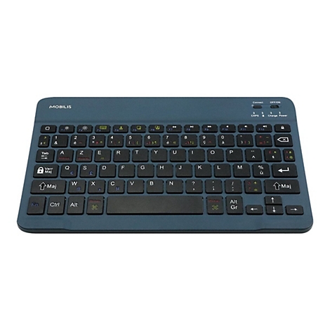 Blaues Mobilis AZERTY-Keyboard für Tablets vor neutralem Hintergrund.