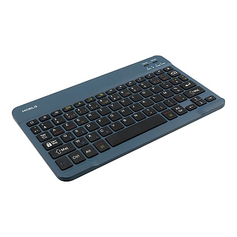 Flache, blaue Mobilis Bluetooth-Tastatur mit schwarzem AZERTY-Tastenlayout vor weißem Hintergrund.