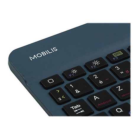 Nahaufnahme der linken oberen Ecke einer dunkelblauen Mobilis-Tastatur mit schwarzen Tasten.