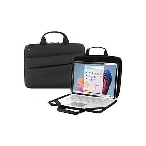 Schwarze Laptop-Tasche mit einem Laptop, der ein Windows 11-Startbildschirm zeigt.