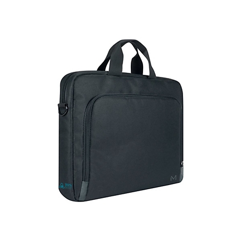 Schwarze Laptoptasche mit Tragegriff, Reißverschluss und kleiner Fronttasche. Am Boden steht '30% recycelte Materialien'.