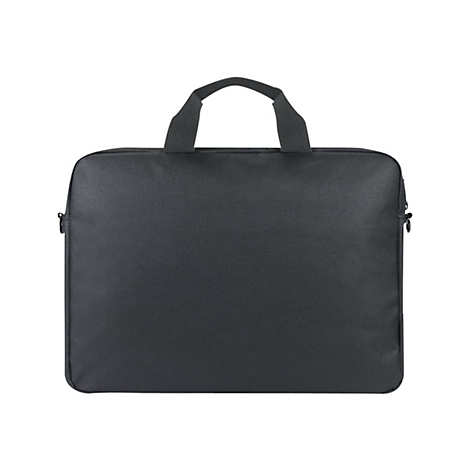 Schwarze Laptoptasche mit Tragegriff. Der Reißverschluss ist geschlossen.