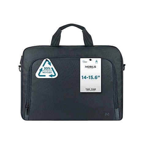 Dunkelgraue Laptoptasche mit Tragegriff. Auf der Tasche hängen Anhänger mit Aufdrucken.