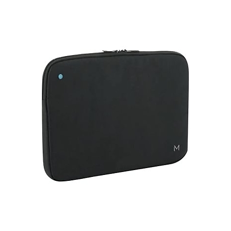 Schwarze Laptoptasche, Reißverschluss oben. Kleiner blauer Punkt und weißes 'M'-Logo.