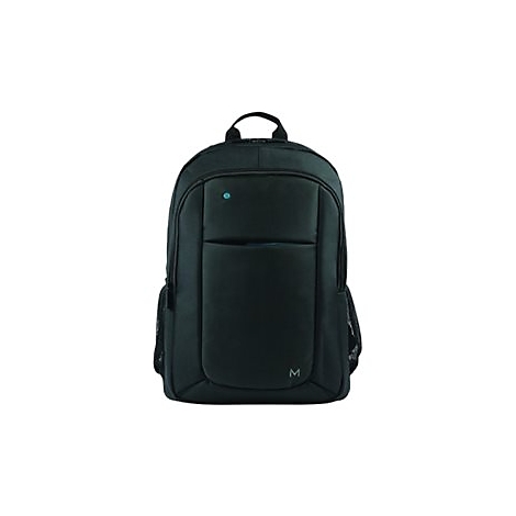 Schwarzer Rucksack mit einer kleinen blauen Markierung. Er hat eine vordere Tasche, Netzseitentaschen und einen Tragegriff.