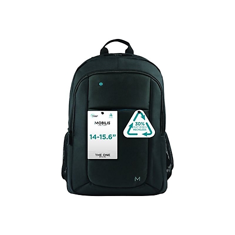 Schwarzer Rucksack mit Anhängern. Aufschrift: Mobilis, 14-15.6". Anhänger: 30% recycelte Materialien.