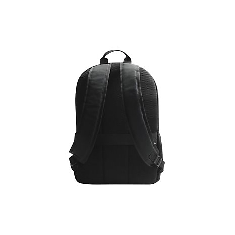 Schwarzer Rucksack von hinten, mit gepolsterten Trägern und Tragegriff.