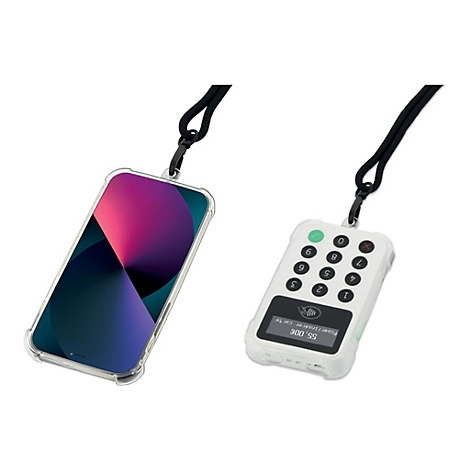 Zwei Geräte mit schwarzem Band. Links ein Smartphone mit Hülle, rechts ein weißes Gerät mit Zahlen und Display.