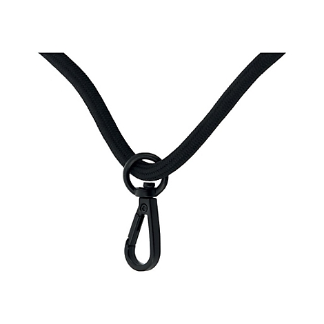 Schwarzes Band mit Karabinerhaken. Die Kordel ist an einem Ring befestigt, der mit dem Haken verbunden ist.