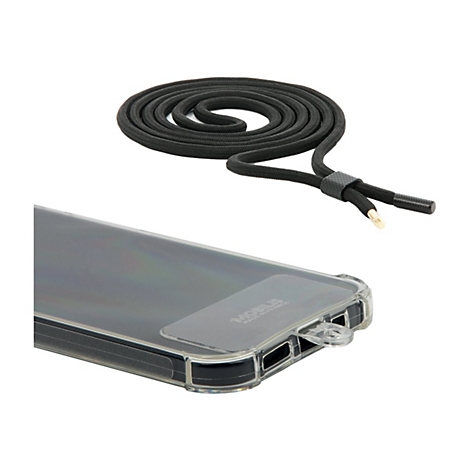 Schwarzes Handykabel, das sich an einer durchsichtigen Hülle befestigen lässt. Auf der Hülle ist ein Aufkleber mit dem Schriftzug „MOBILIS MADE IN FRANCE“ zu sehen.