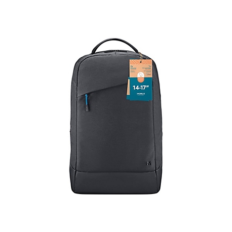 Dunkelgrauer Rucksack mit blauem Reißverschluss, Anhänger mit Produktinformationen.