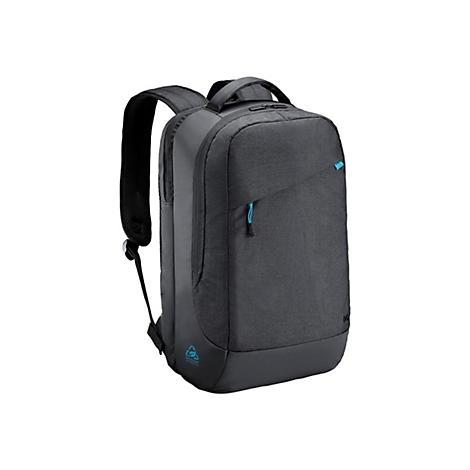 Dunkelgrauer Rucksack mit blauen Reißverschlüssen und Akzenten, vor weißem Hintergrund. Trägt das Logo „Recycled Materials“.