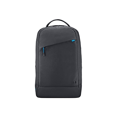 Dunkelgrauer Rucksack, mit schwarzem Griff, blauen Reißverschlüssen, rechteckiger Form. Unten schwarzer Abschluss.