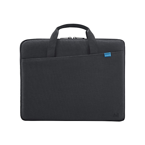 Dunkelgraue Laptoptasche mit Tragegriff und blauen Akzenten. Aufgesetzte Tasche mit blauem Label. Reißverschluss oben.