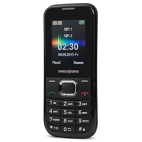 Schwarzes Mobiltelefon mit Tastenfeld und Farbdisplay. Auf dem Display steht die Uhrzeit 02:30 Uhr, sowie das Datum 04.09.2015 Fr.