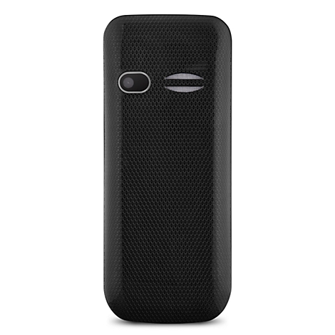 Schwarzes Mobiltelefon mit Textur, ovaler Kamera und Lautsprecheröffnungen.