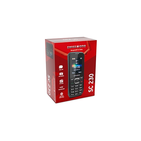 Ein schwarzes Mobiltelefon liegt in einer roten Verpackung mit der Aufschrift "SC 230" und Logo.