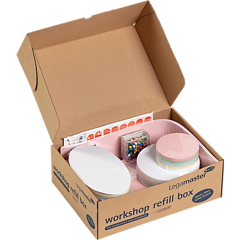 Opened workshop refill box with content. Pink, white and colored papers, pins and stickers. Print "workshop refill box".