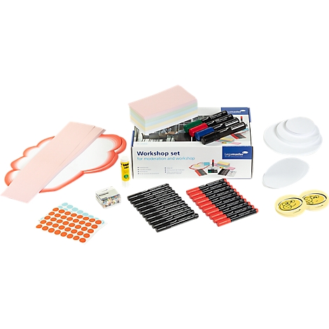 A workshop set: markers, notepads, glue, stickers, paper, a box with the inscription "Workshop Set".