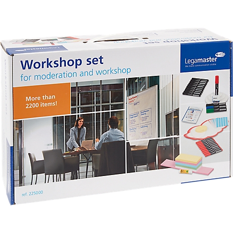 Workshop set box. It shows office supplies and people in a meeting room. Inscription "Workshop Set, more than 2200 items".