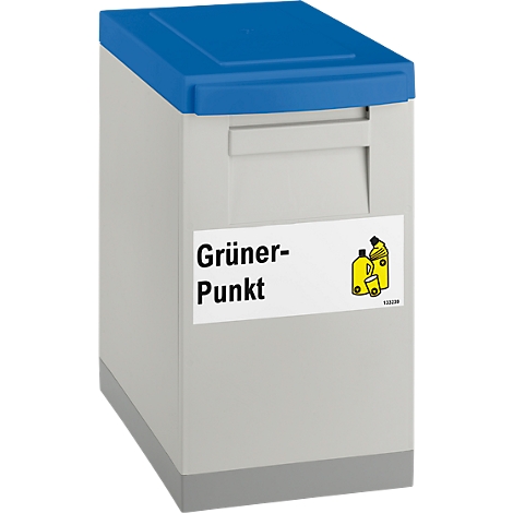 Grey waste container with blue lid, labeled 'Grüner Punkt'.
