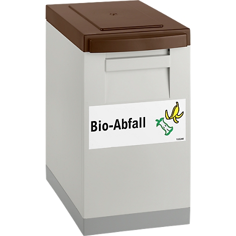 Container for organic waste with a brown lid, white body, and sticker with text and symbols.