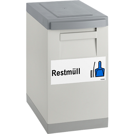 Gray residual waste container with lid and sticker "Restmüll" with pictogram.