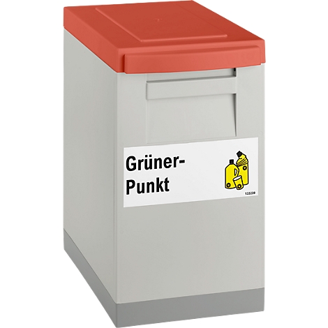 Gray waste bin with red lid and the inscription "Grüner Punkt". Sticker with recyclable symbols.